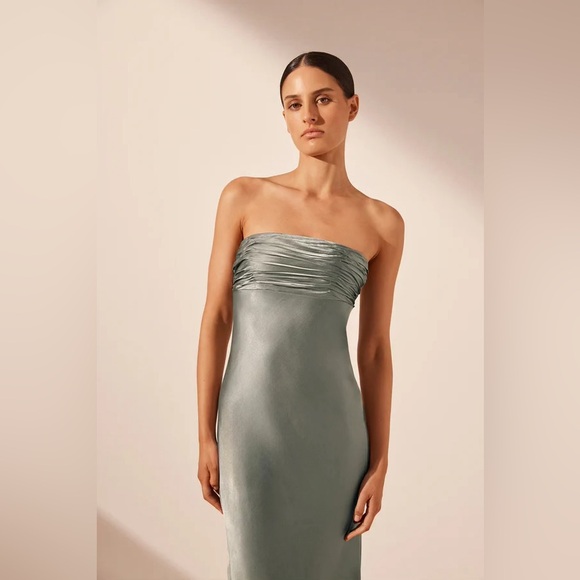 Shona Joy La Lune Strapless Ruched Bodice Maxi Dress, Sage Green - Size 4 - Picture 5 of 8